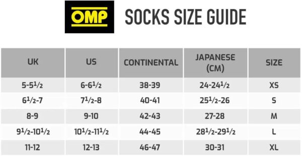 omp socks size guide